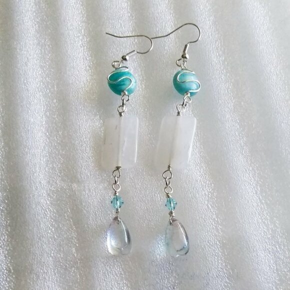 Frosted Quartz Rock Crystal + Aqua Jade Extra Long Wire Wrapped Dangle Earrings - Picture 4 of 6